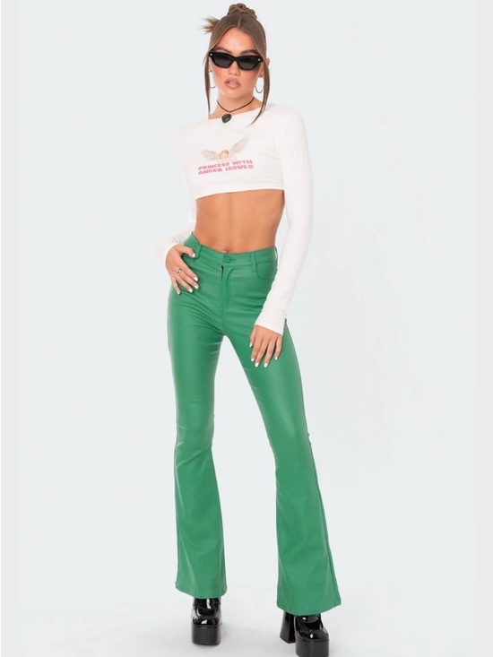 Edikted Pants - Edikted green faux leather flare pants.